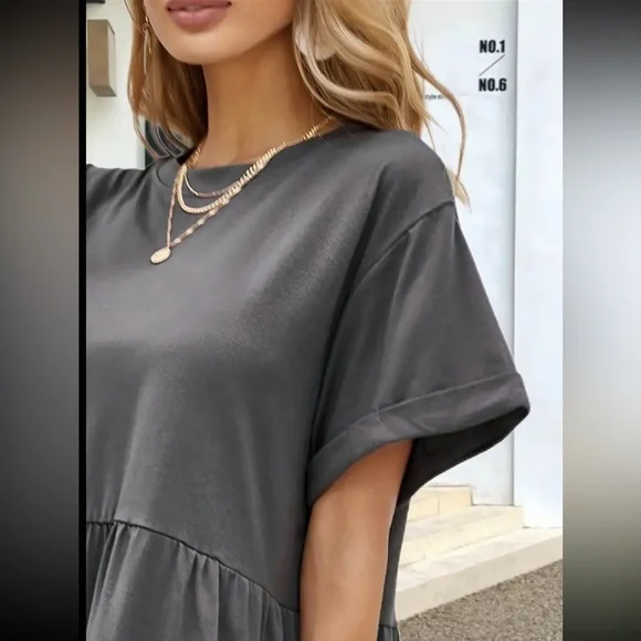 Flirty Ruffle Hem Dress - Short Sleeve, Crew Neck - Picture 5 of 5